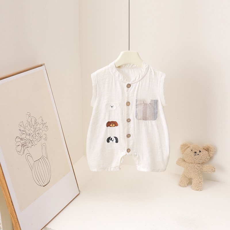Baby Summer Linen Sleeveless Jumpsuit - 2026 Summer Cartoon Bear Print 3M-3Y