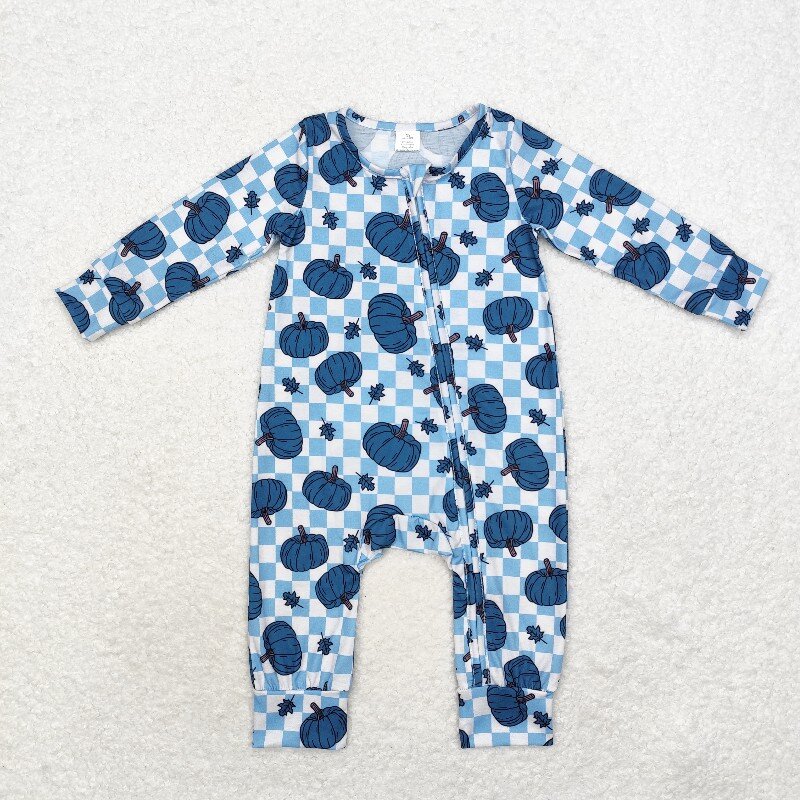 Cotton Baby Onesies Zipper - 8.21 Bamboo Fly Blue Pumpkin Leaf