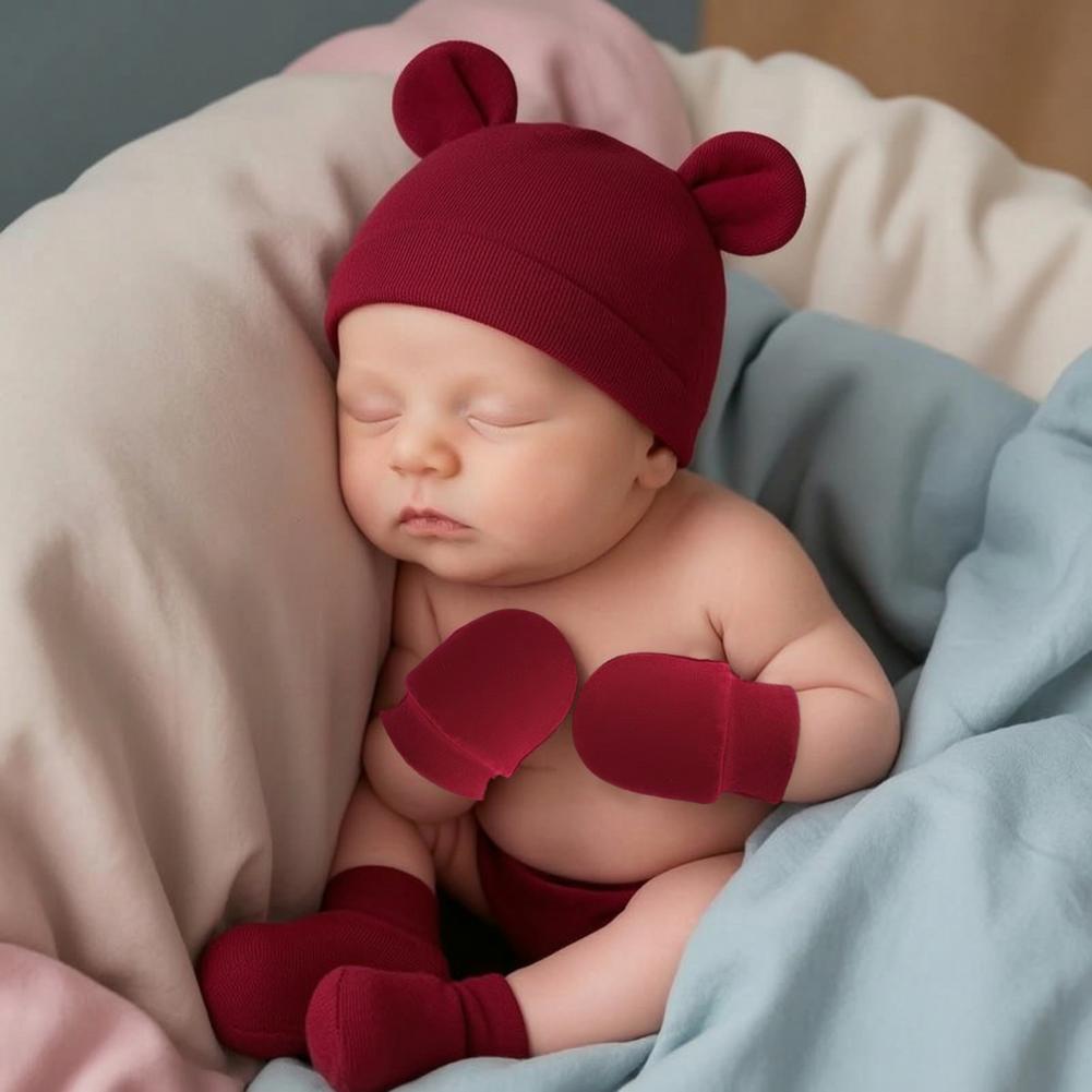 Baby Scratch Mittens Booties N - Infant Beanie Hat With Ears 评论和价格