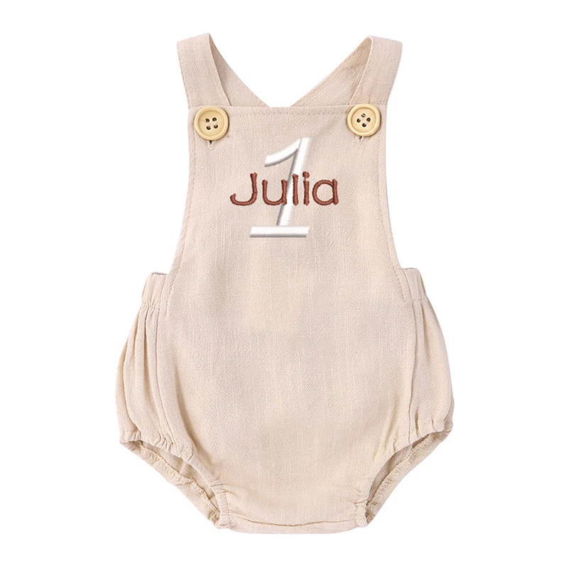 Name Embroidered 1st Birthday  - Baby Summer Linen Sleeveless Jumpsuit 评论和价格